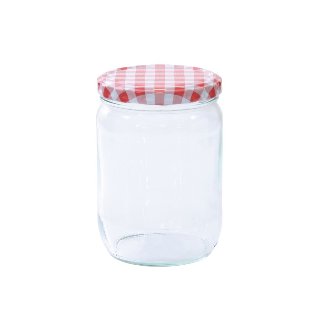 A clear studio shot of a glass jar with a red and white checkered lid.