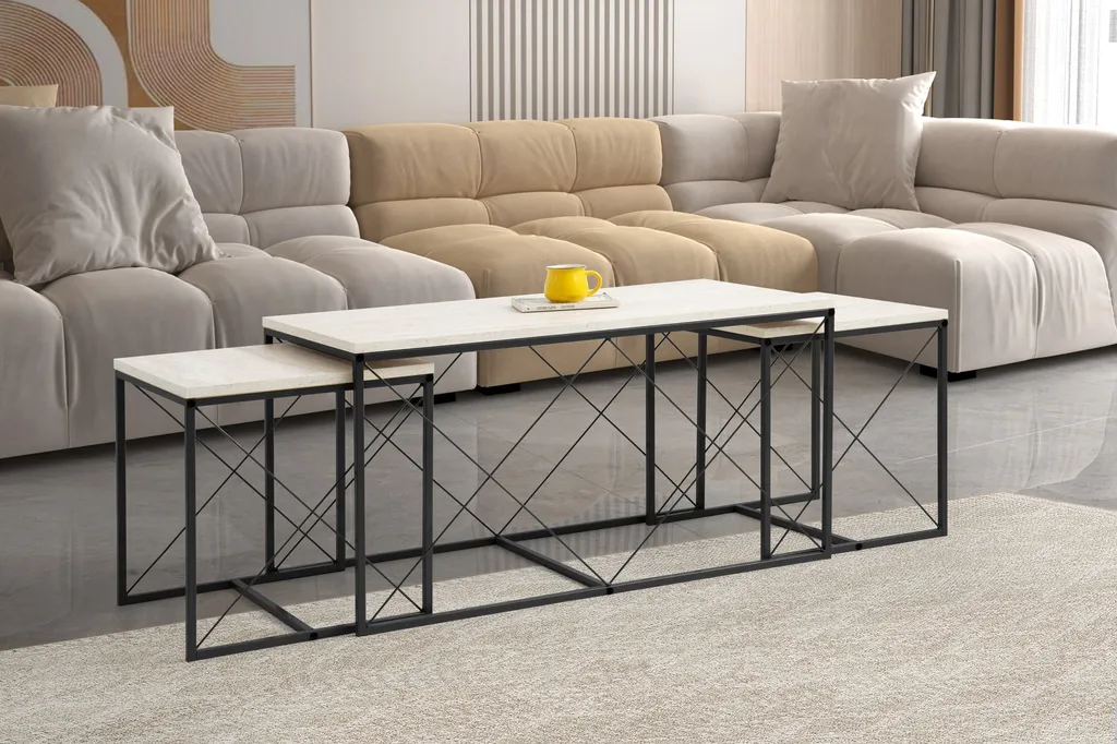 Table Basse Salon Noir Marbre Defne : Ensemble Modulable 100x52cm Design