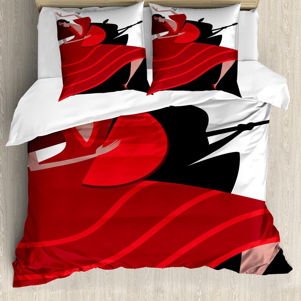 ABAKUHAUS Spanisch Bettbezug Set, Baile Flamenco-Tanzen-Frauen-Schattenbild des Gitarristen-Mannes auf dem Hintergrund, 200 x 200 cm + 80 x 80 cm, ...
