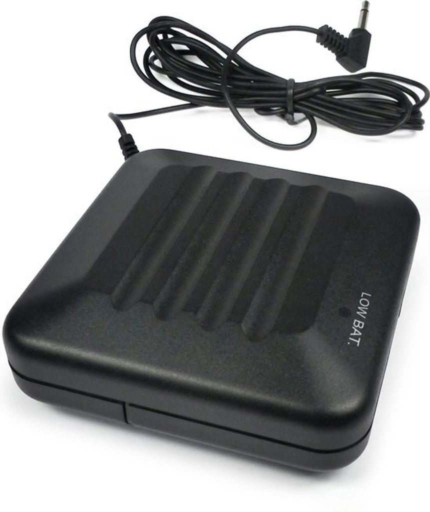 A black electronic device with a coiled cord and a plug is shown on a white background.