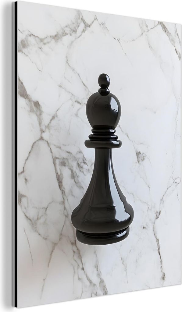 MuchoWow Wanddekoration Metall Metallbild Wandkunst 90x120 cm Schachfigur - Läufer - Schwarz - Marmor MuchoWow Aluminium Gemälde - Industrial