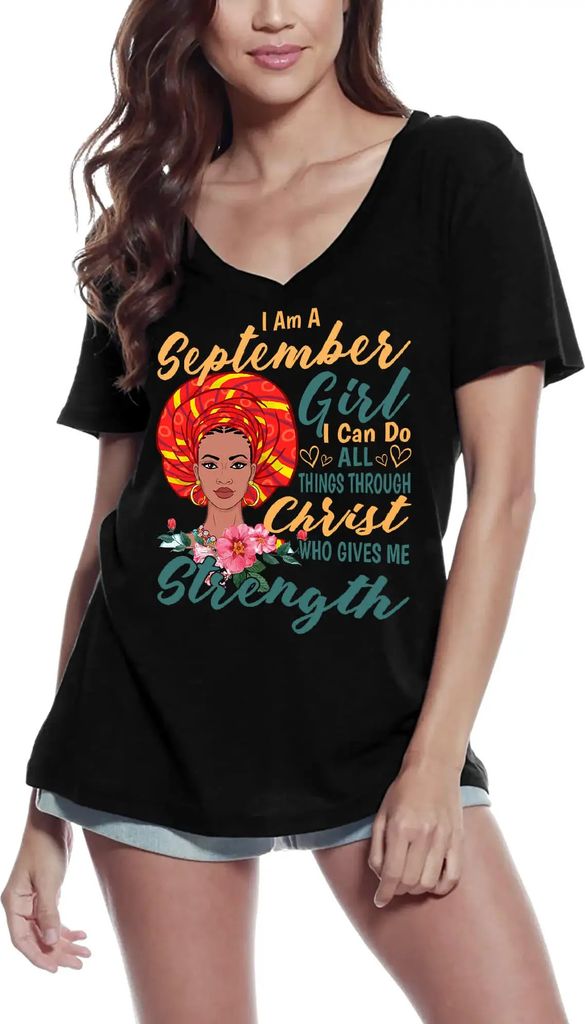 Damen Grafik T-Shirt V-Ausschnitt September Mädchen - Geburtstag religiös – September Girl - Birthday Religious – Öko-Verantwortlich Vintage...