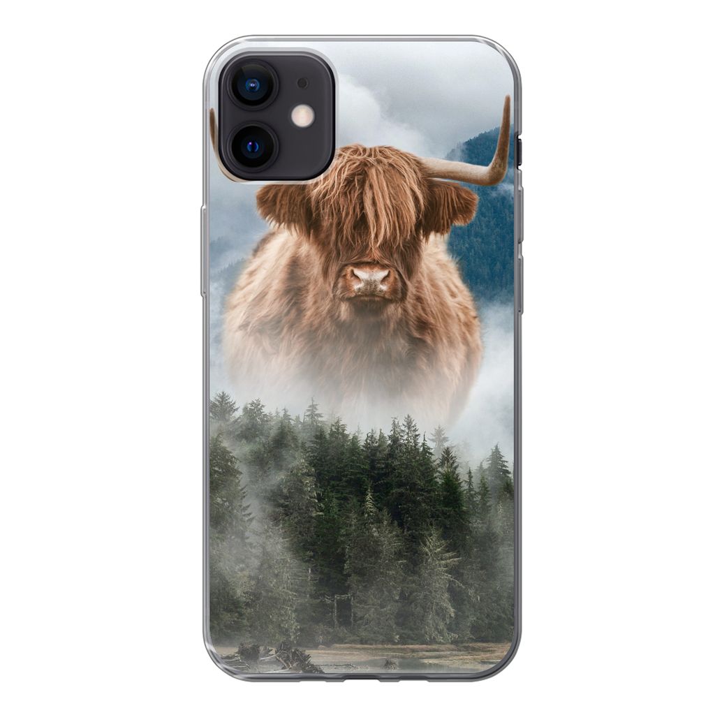 MuchoWow Handyhülle Schutzhülle Hülle für iPhone 12 mini Schottische Highlander - Kühe - Nebel Silikon Softcase Handy Hülle - Bild