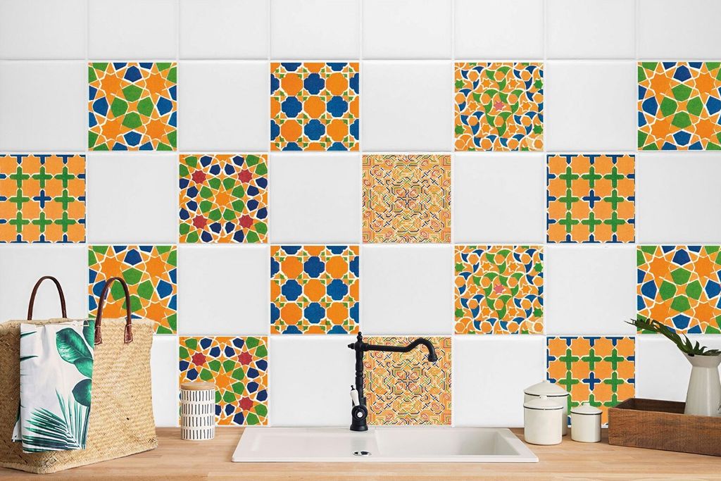 24 Stück Laminierter Fliesen Für Bad Küche Fließen Nachbildung Klebefolie Retro Rosette 20 x 20 cm