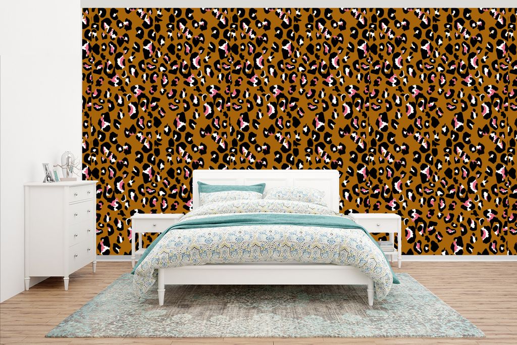 MuchoWow Fototapete für Wohnzimmer oder Schlafzimmer Wandtapete Vinyl Motivtapete Panther - Design - Rosa - Braun - Muster - 535x300 cm - Wandde...