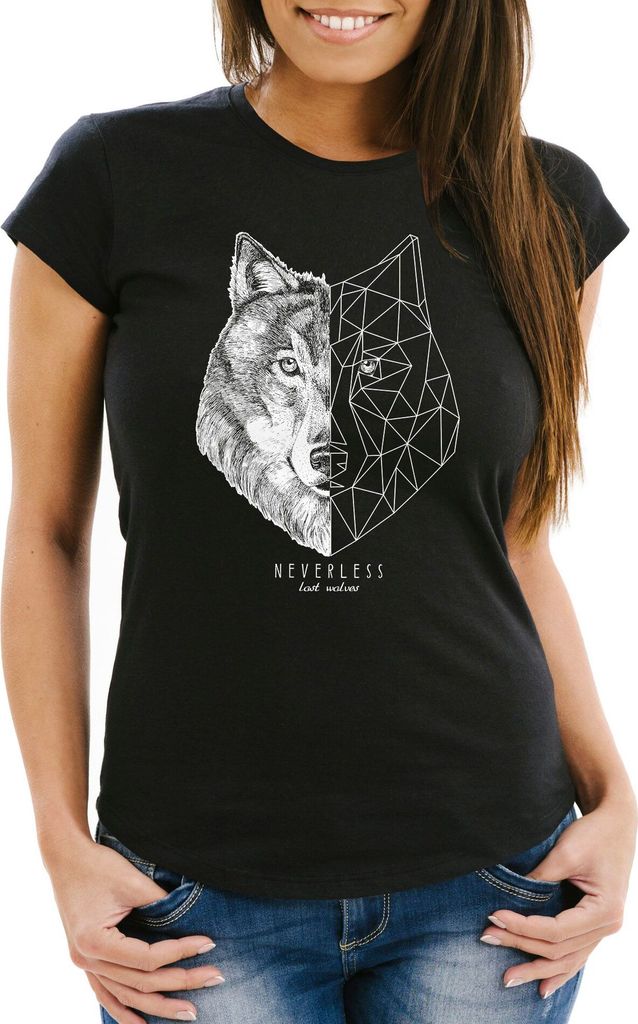 Damen T-Shirt Wolf Polygon Kunst Grafik Tiermotiv Fashion Streetstyle Neverless schwarz 3XL
