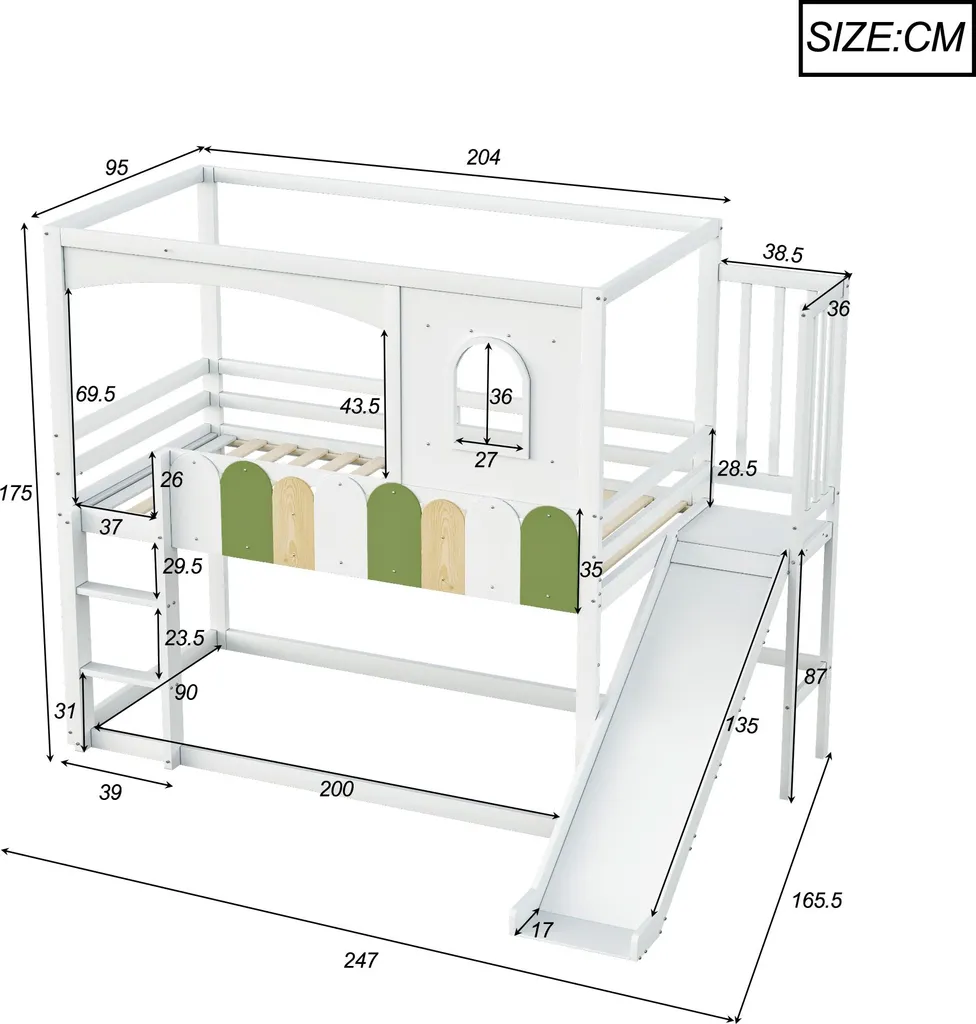 OKWISH Lit Superposé Enfant 90x200 Blanc avec Toboggan et Cadre Maison