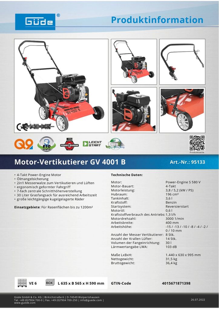GÜDE profesionální benzínový vertikutátor odstraňovač mechu Obrázek produktu 6