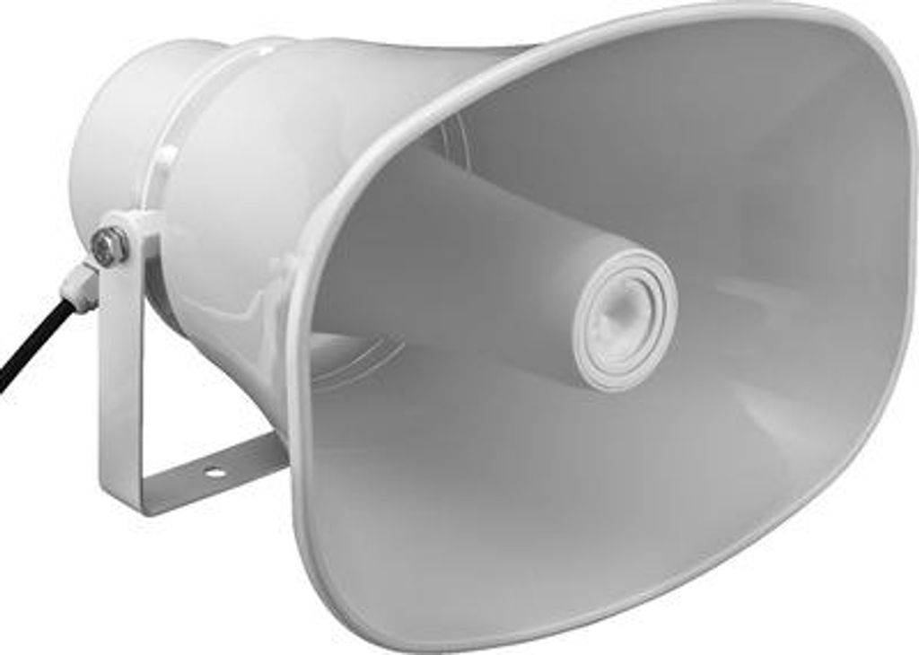 A white horn speaker is shown against a white background.