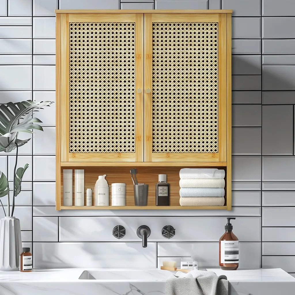 Mobiletto Salvaspazio Bagno 3 Ripiani Bambù 2 Ante Sopra il WC