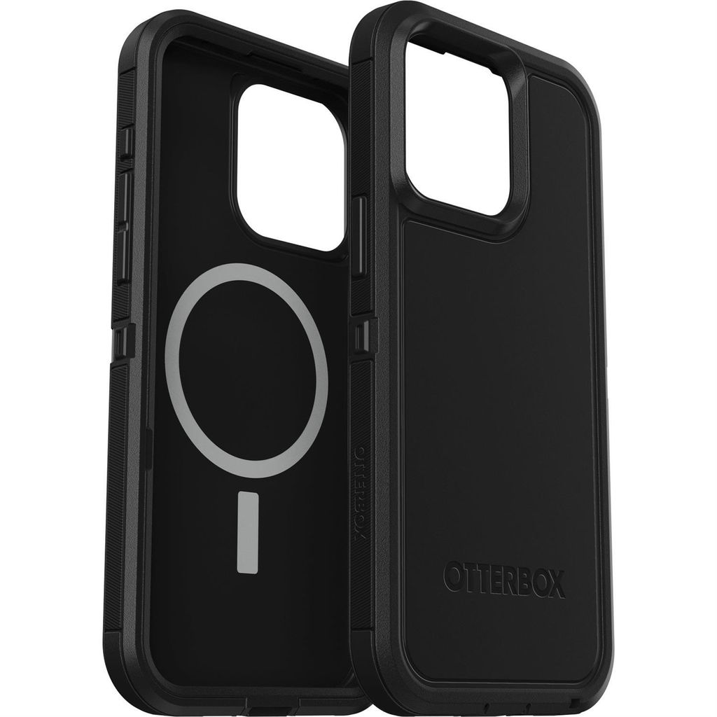 A black iPhone case is shown from the back, with the interior visible.