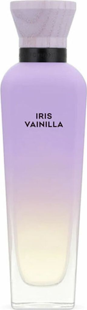 A perfume bottle with a gradient color from purple to yellow.