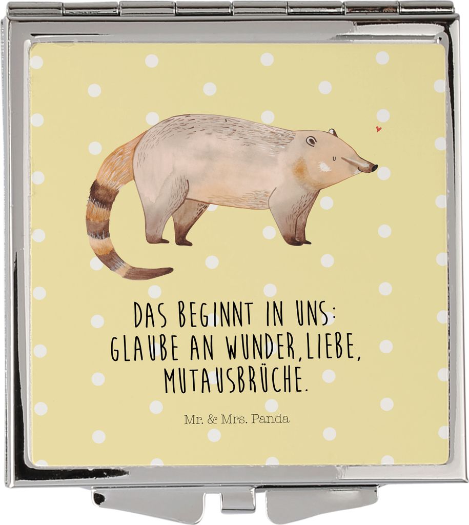 Mr. & Mrs. Panda Schminkspiegel Nasenbaer - Gelb Pastell - Geschenk, Mini Spiegel, Frauen, Rüsselbär, Bär, Kosmetikspiegel, Nasenbär, Nasenbär...