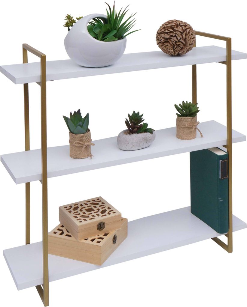 Wandregal MCW-K78, Hängeregal Schweberegal, 3 Regalböden Metall Massiv-Holz Industrial 60x60x18cm weiß, Metall gold