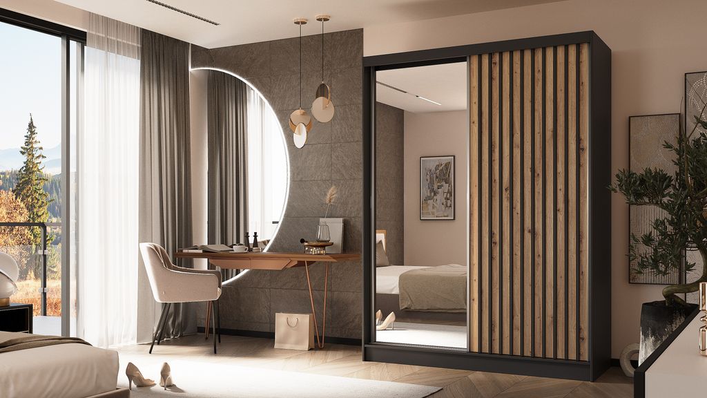 ALTDECOR Kleiderschrank mit Spiegel und Schiebetüren, kugelgelagerte Führungsschienen und Aluminium-Leisten - LAMELO - 160 cm - Schwarz/Artisan/S...