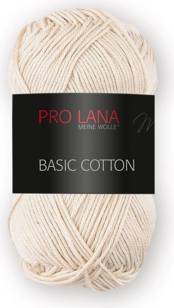 A ball of beige yarn with a black label.