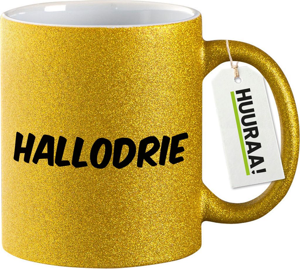 Huuraa Glitzertasse Hallodrie Schriftzug 330ml Gold Keramik Kaffeebecher Geschenkidee