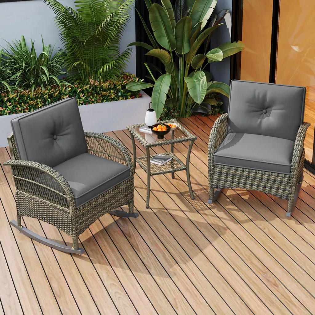 Ensemble de Jardin en Rotin et Acacia avec Coussins Déhoussables Gris