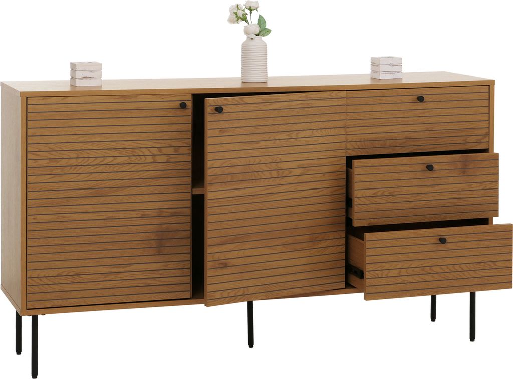 Kommode HWC-N78, Sideboard, 3 Schubladen 2 Türen, skandinavischer Stil Metall Holz Melamin MVG 85x150x40cm natur