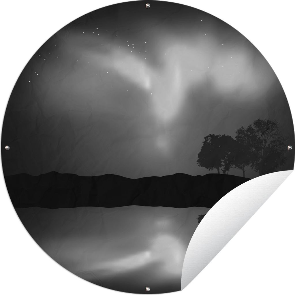 MuchoWow Gartenposter Outdoor-Poster Rund Eine Illustration des Nordlichts über den Hügeln und dem Wasser - schwarz und weiß Ø 120 cm Gartend...