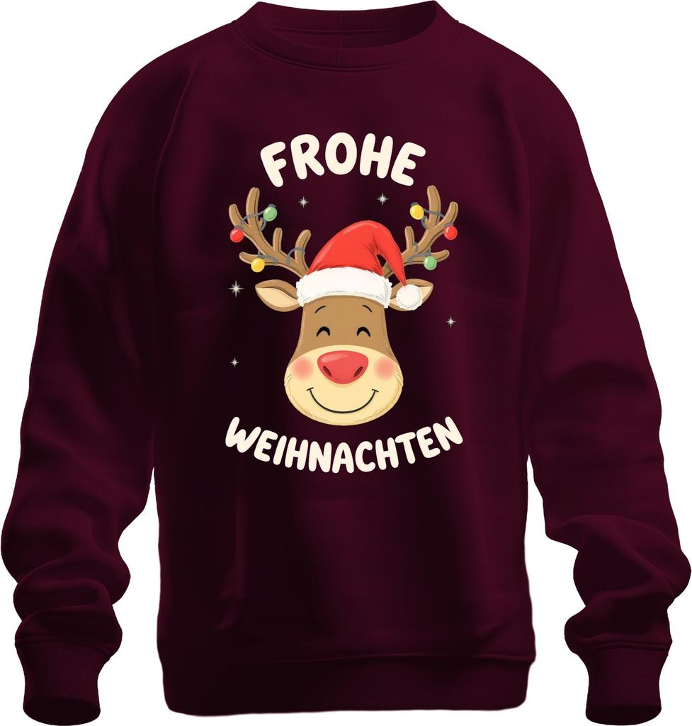 Frohe Weihnachten Rentier Weihnachtsmütze Cartoon Kinder Lustig Uni Sweatshirt Pullover, Burgundy, M