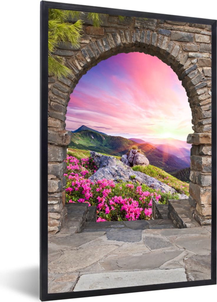 MuchoWow Gerahmtes Poster Landschaft - Aussicht - Blumen - Berg 60x90 cm - Poster mit Schwarzem Bilderrahmen Wandposter Rahmen Foto Bilder - Kunst