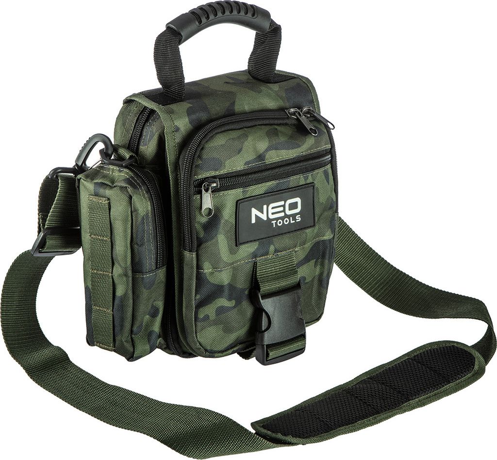 Neo Tools Touristentasche CAMO 28x12x27 mm für Handwerker, Camouflage-Optik, ausklappbar, regulierbarer Schultergurt, 100% Polyester, 4 Außentasc...