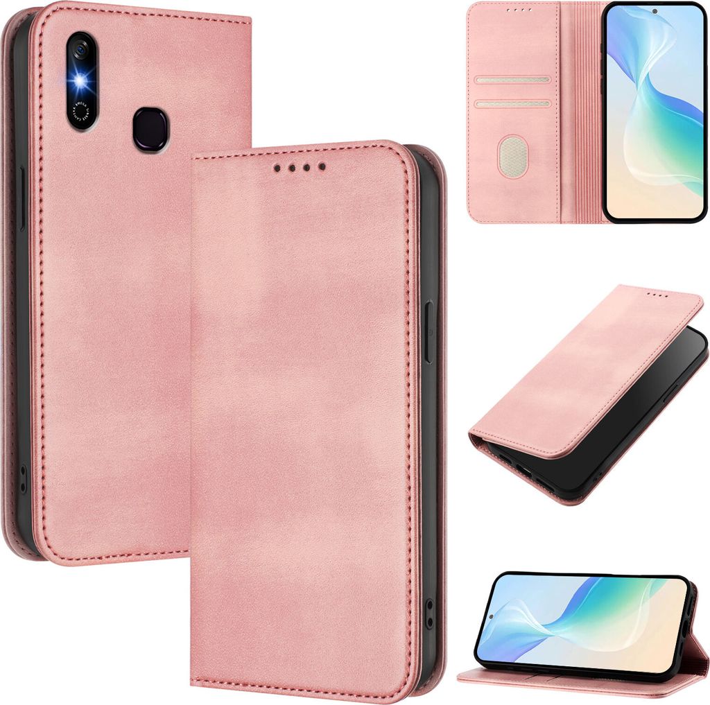 Handyhülle für Infinix Smart 4, Vintage Leder RFID Schutz Kartenfach Standfunktion Magnetische Klapphülle Pink