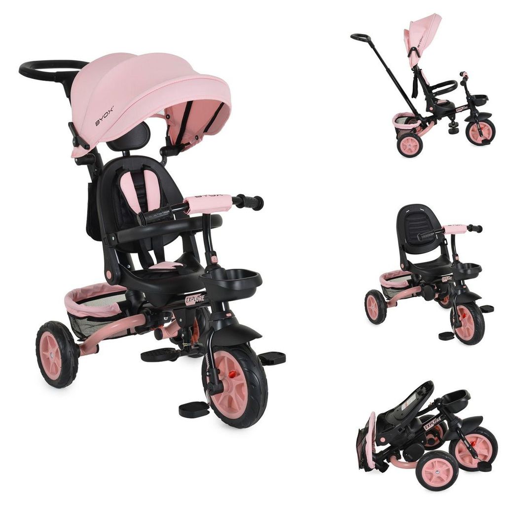 Byox Tricycle Explore 3 in 1 Dreirad umkehrbarer Sitz Schiebegriff Körbe Pedale rosa