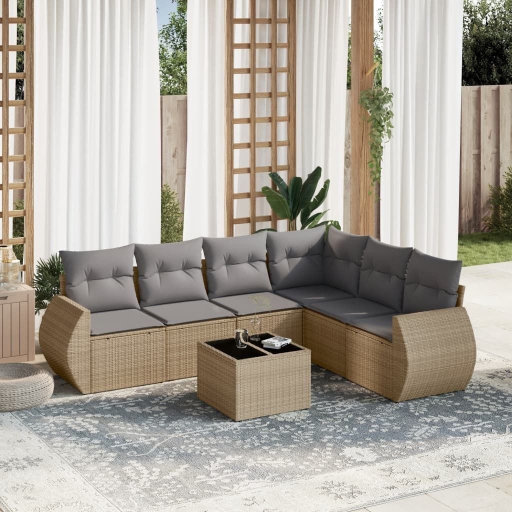 7-tlg. Garten-Sofagarnitur mit Kissen Beige Poly Rattan 3253756