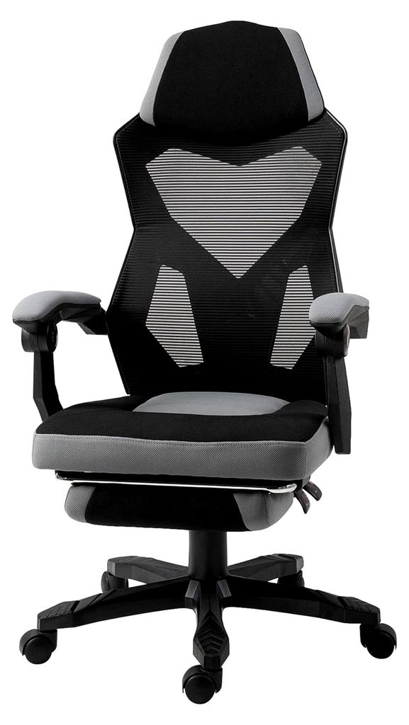 Vinsetto Bürostuhl, Gaming-Stuhl, höhenverstellbar, Rückenlehne, Drehrollen, Fußstütze, Netzstoff, 58 x 63 x 112-122 cm, Grau/Schwarz