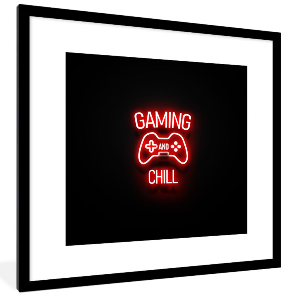 MuchoWow Gerahmtes Poster Gaming - Zitate - Gaming und Chillen - Neon - Rot 40x40 cm - Poster mit Schwarzem Bilderrahmen Wandposter Rahmen Foto B...