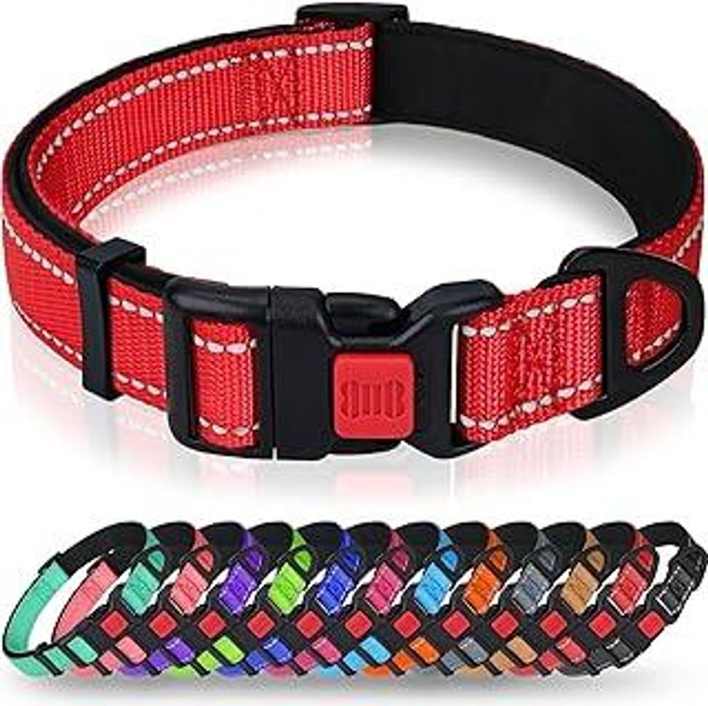 Taglory Hundehalsband, Weich Gepolstertes Neopren Nylon Hunde Halsband für Mittlere Hunde, Verstellbare und Reflektierend für das Training, Rot