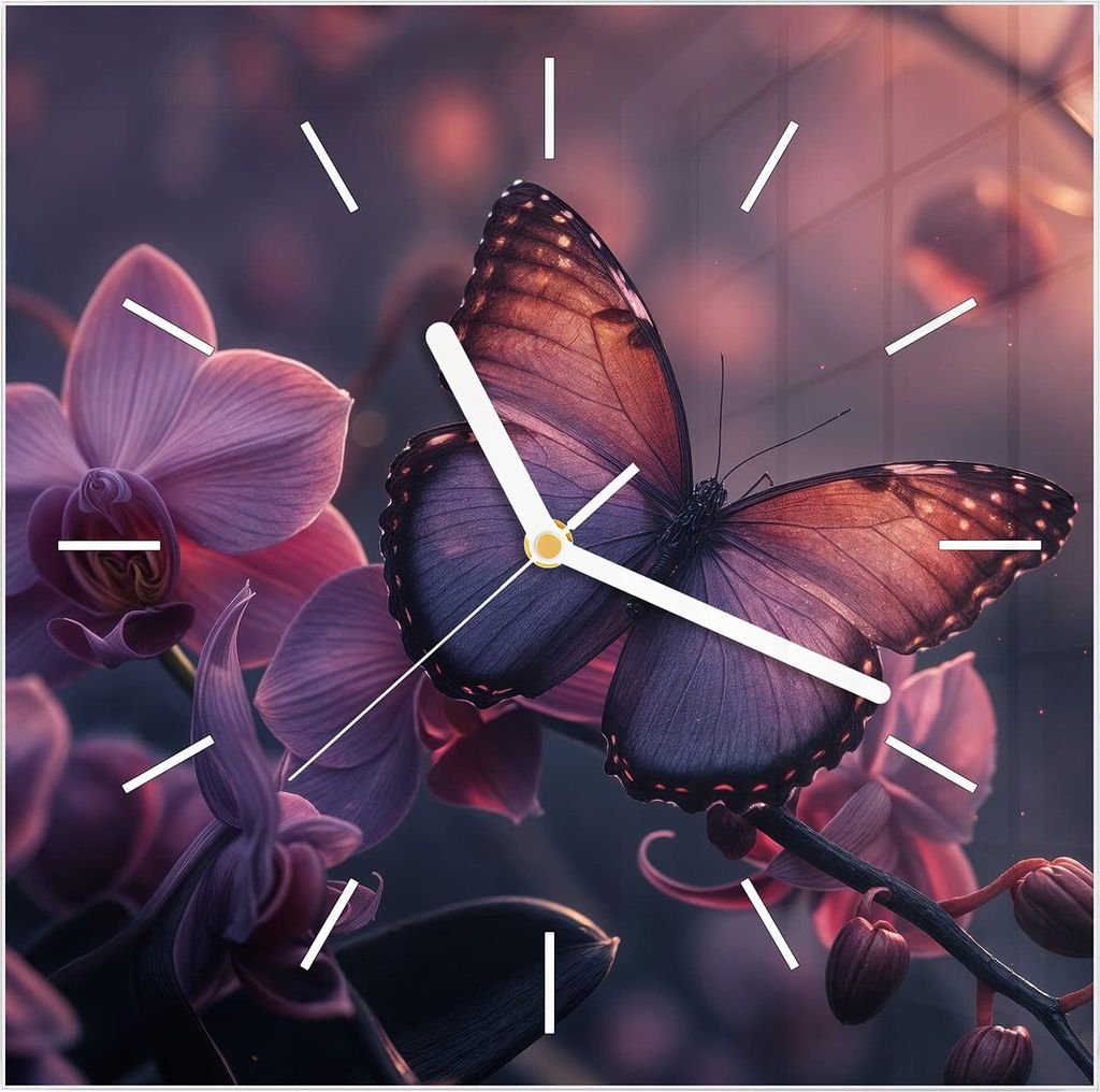 Wanduhr aus Glas mit Motiv Schmetterling Blüte- 30 x 30 cm - inkl. Aufhängesystem