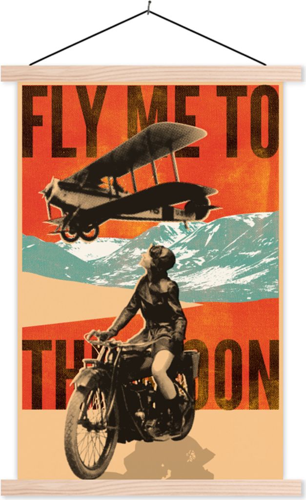 MuchoWow Textilposter Flugzeug - Motor - Vintage - Zitat 60x90 cm mit holzfarbenen Rahmen - Textil