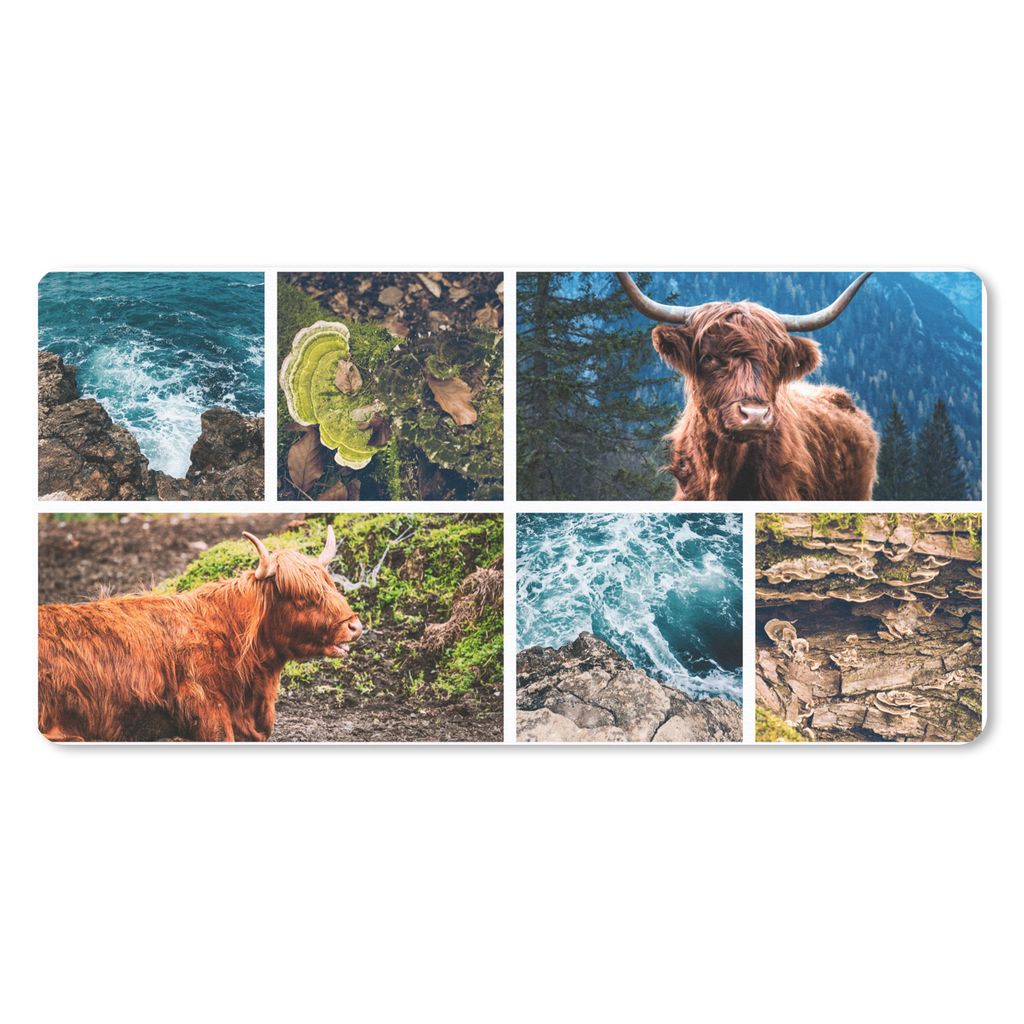 MuchoWow Schreibtischunterlage Schottischer Highlander - Collage - Meer - Berg 80x40 cm - XXL Mauspad - Gaming Mauspad