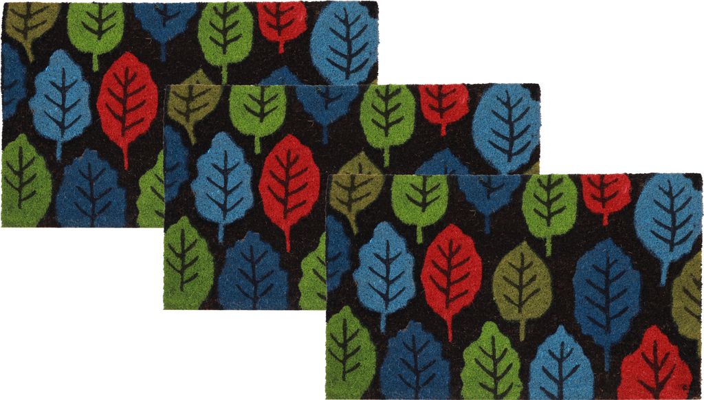 Betz 3er Kokosmatte aus 100% Kokos - Fußmatte - Fußabstreifer –Schmutzfangmatte Muster Blätter grün/blau/rot Größe 45 cm x 75 cm x 1,5 cm