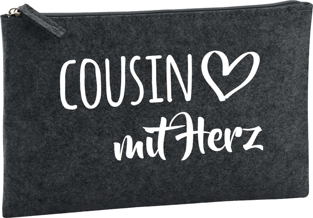 Huuraa Kulturbeutel Cousin mit Herz 1 Liter Charcoal Filz Kosmetiktasche Geschenkidee