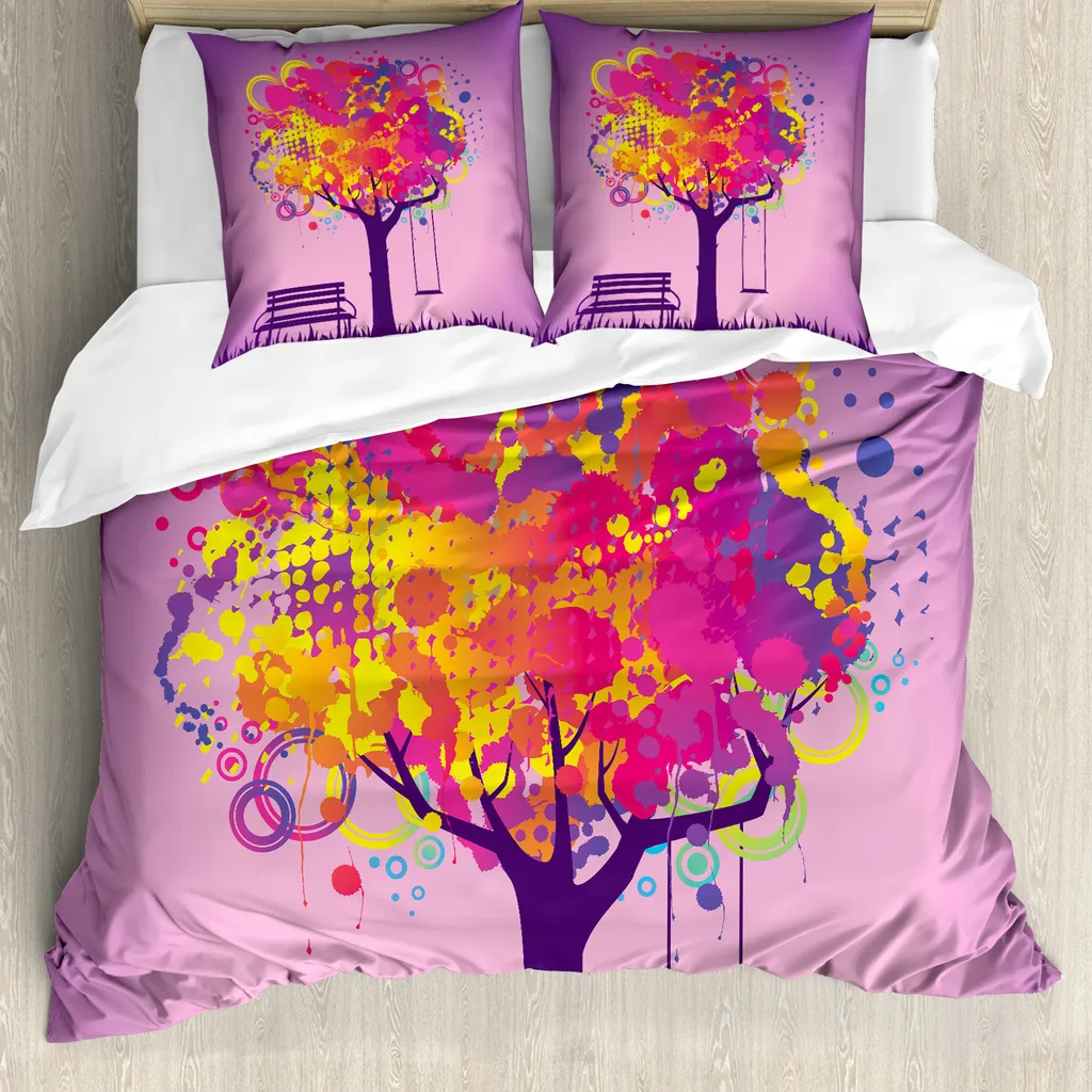 ABAKUHAUS Copripiumino Baum, motivo artistico con foglie colorate, antiacaro, adatto a chi soffre di allergie, con federe, 200 cm x 200 cm - 80 x 80 cm, multicolore