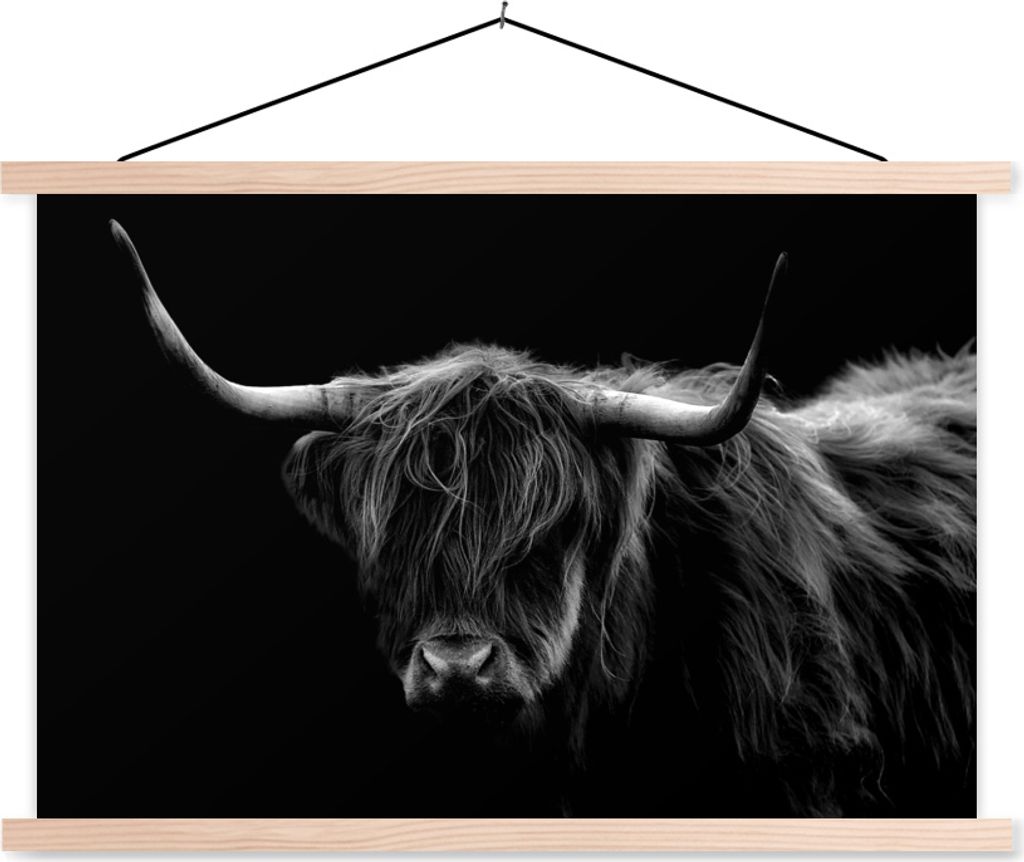 MuchoWow Textilposter Schottisches Hochlandrind - Hörner - Schwarz - Tiere - Natur - Wild - Kuh 60x40 cm mit holzfarbenen Rahmen - Bilder