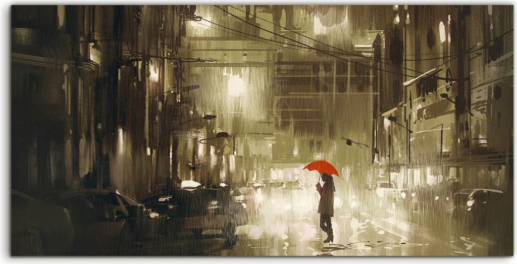 Coloray Acrylbild 140x70 Wandbild Acrylbilder Frau mit rotem Regenschirm Straße