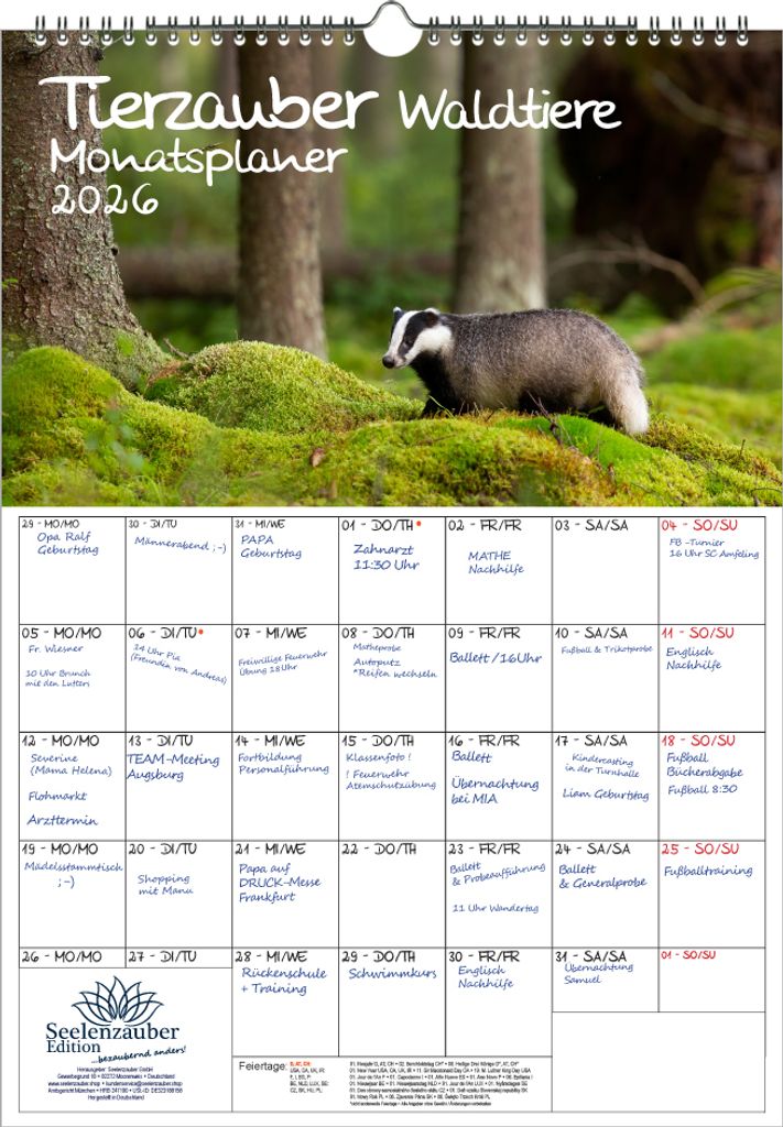 Tierzauber Waldtiere Planer DIN A3 Kalender für 2026 Tiere im Wald - Seelenzauber