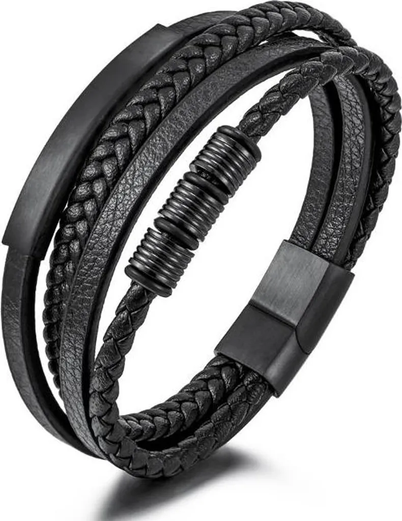 Bracelet cuir homme tressé et plaque acier noir - Collection Onyx 21cm