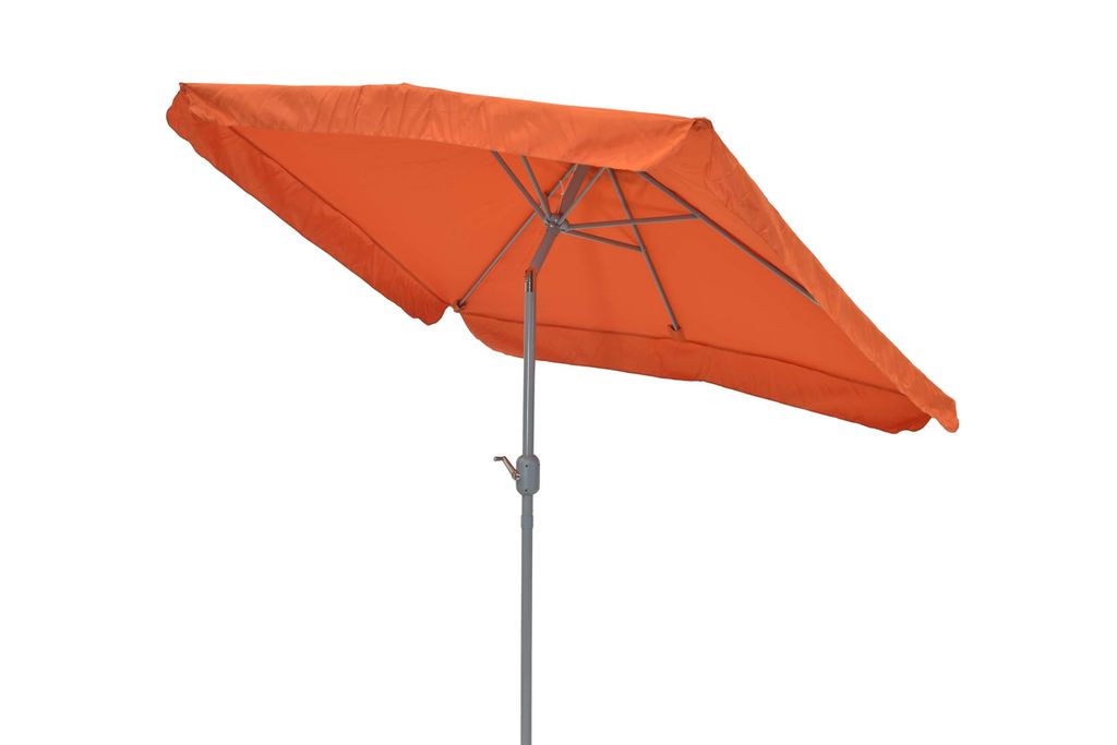 An orange rectangular umbrella shown from a slightly elevated side angle, with its pole visible.