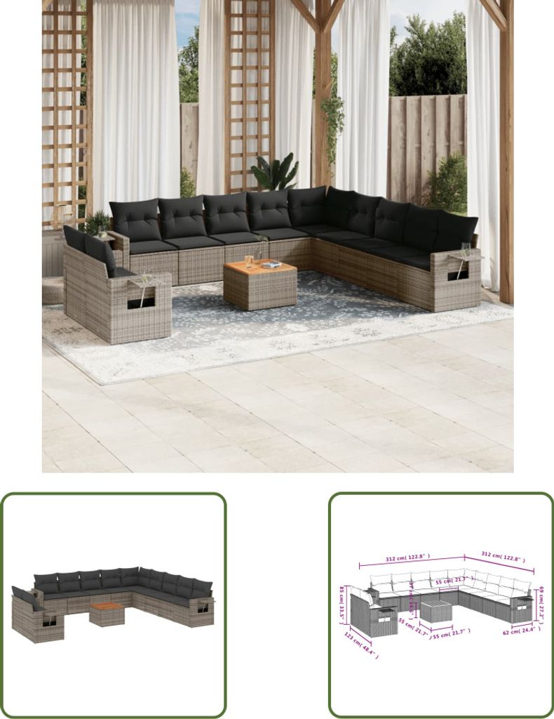 The Living Store 12-tlg. Garten-Sofagarnitur mit Kissen Grau Poly Rattan