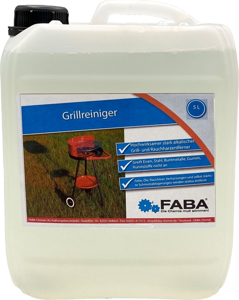 A large plastic container of grill cleaner with a label showing a grill and product features.