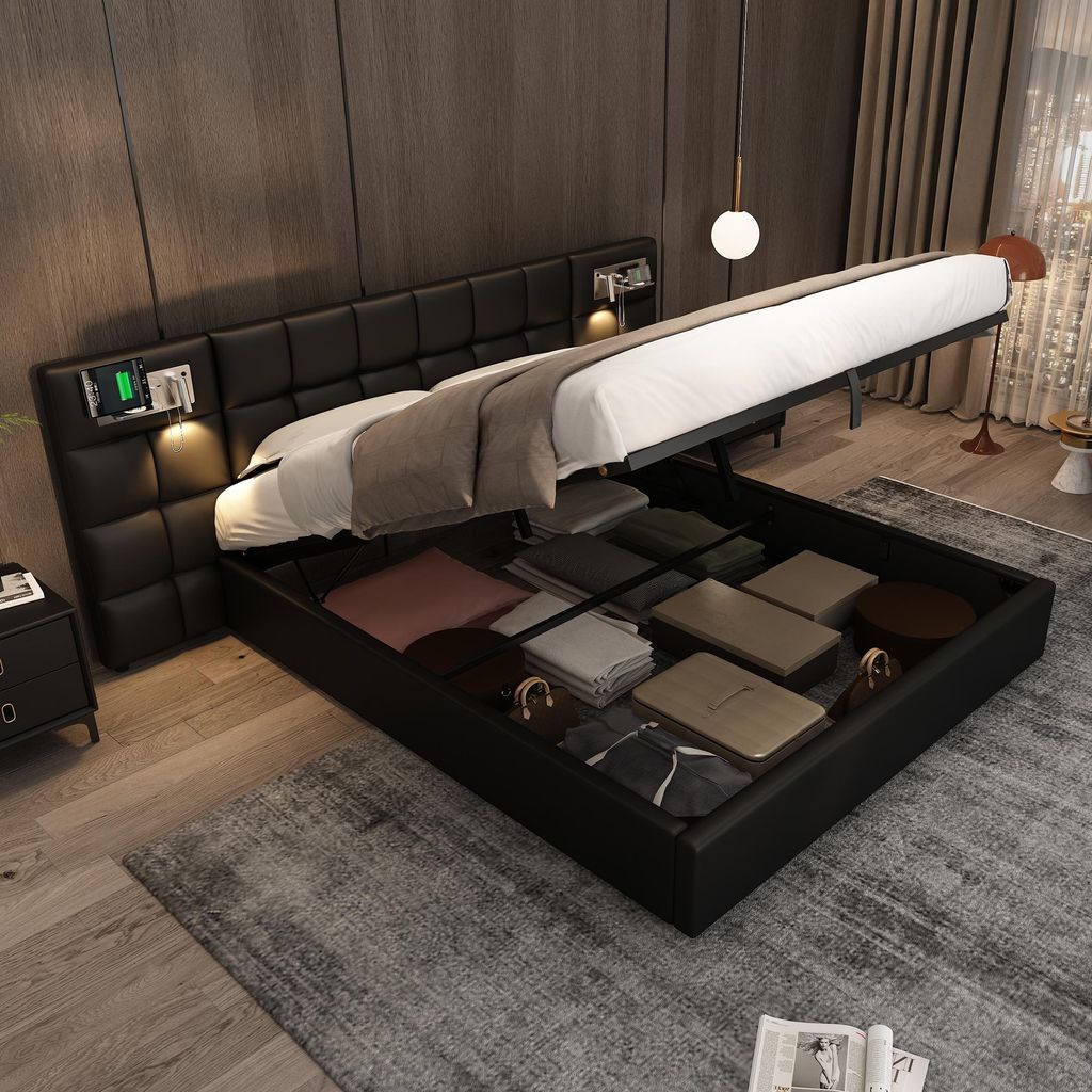 Polsterbett 180 x 200 cm, Hydraulikbett ,Mit USB port & Wireless Charging & beleuchtete Lampe, Mit Stauraum, PU, Schwarz