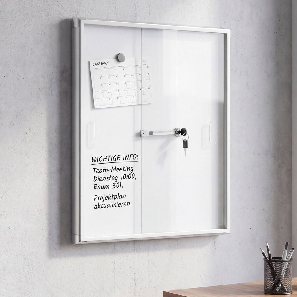 Schaukasten HWC-Q50, Magnettafel Whiteboard Memoboard Pinnwand, Aluminium abschließbar inkl. Zubehör 66x47x9cm