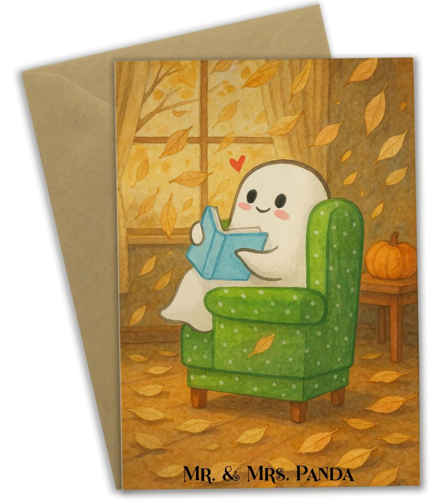 Mr. & Mrs. Panda Grußkarte Gespenst Buch Design - Weiß - Geschenk, Gemütlich, Dekoration, Grußkarten, Herbst, einladungskarten, weihnachtskarte...