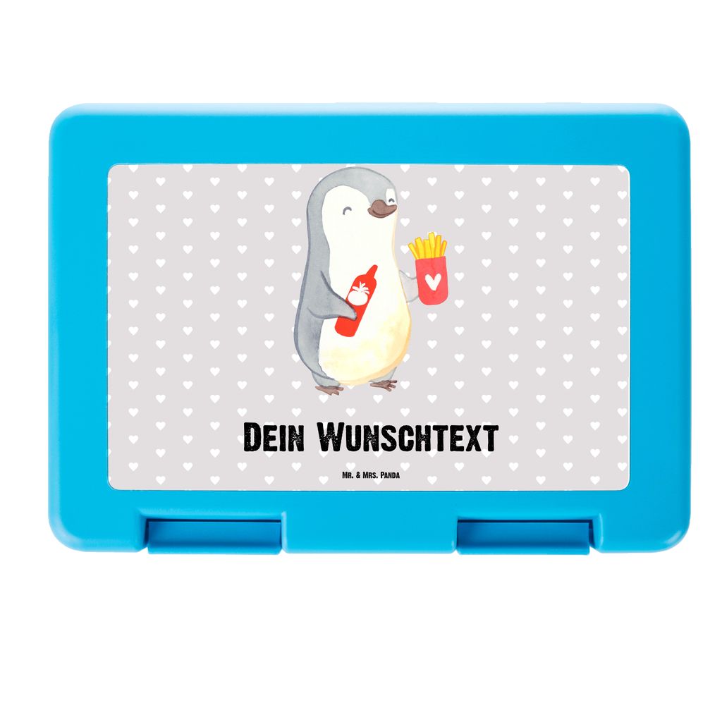 Mr. & Mrs. Panda Personalisierte Brotdose Pinguin Pommes - Grau Pastell - Personalisierte Geschenke, Lunch box, Butterbrotdose, Brotzeitbox, Snackb...